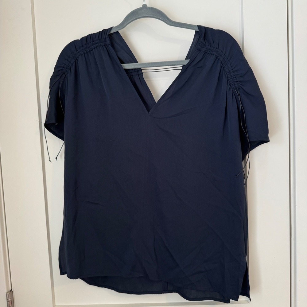 Vince Navy Blue Silk V-Neck Ruched Shoulder Drawstring Blouse Medium